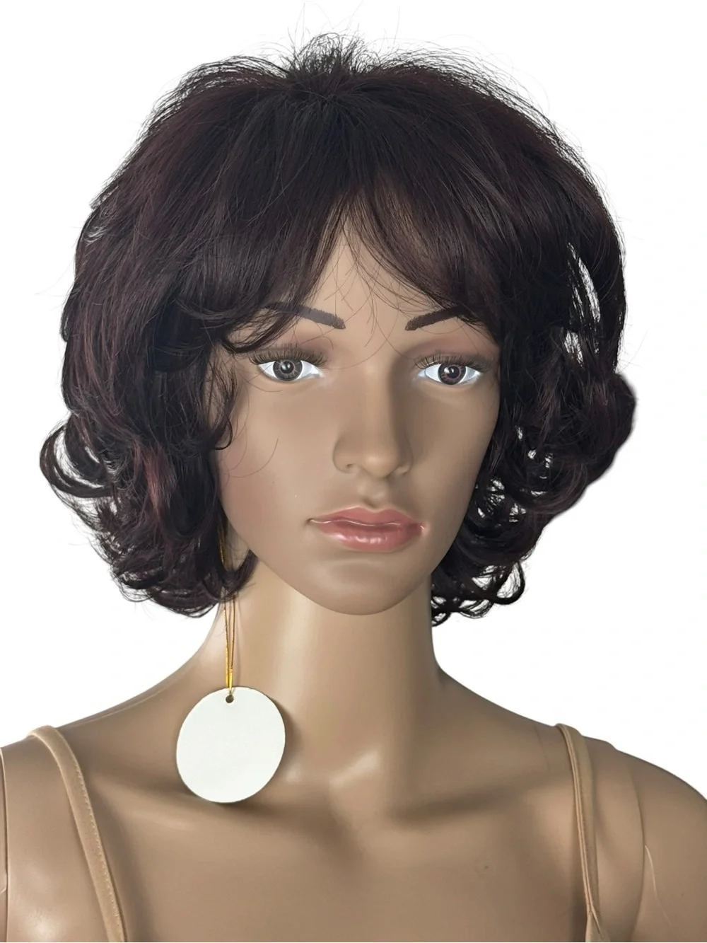 Short Curly Eggplant Plum Synthetic Wig with Bangs Wavy Voluminous Pixie Bob
